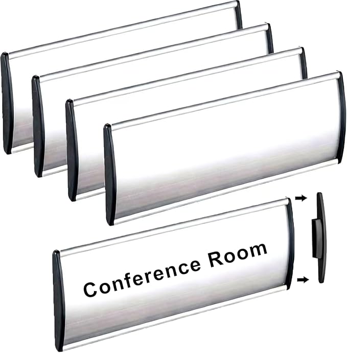 SINKAA 5 Pcs Office Name Plates Holder for Doors, 3 Inches x 8 Inches Curved Wall Mount Door Sign Holder, Silver Aluminum Sign Holder for Office Wall with Plastic Film and Adhesive Tape