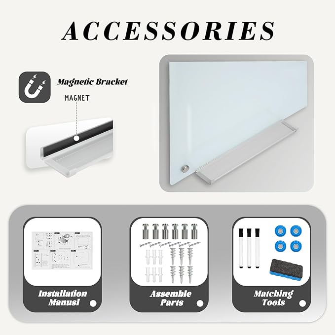 JYYPWB Magnetic Large Glass Board 72"x 48" Dry Erase Writing Board Premium Tempared Galssboard Frameless Message Board with Full Accessories Wall Mounted White Board