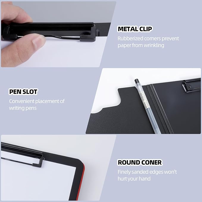 FRETONBA Clipboard Folder, 2 Pcs A4 Foldable Clipboard with Horizontal and Vertical Double Metal Clips, 360 Degree Foldable Binder Clipboards with Pen Holder, File Cover Work Folder Clipboards, Red