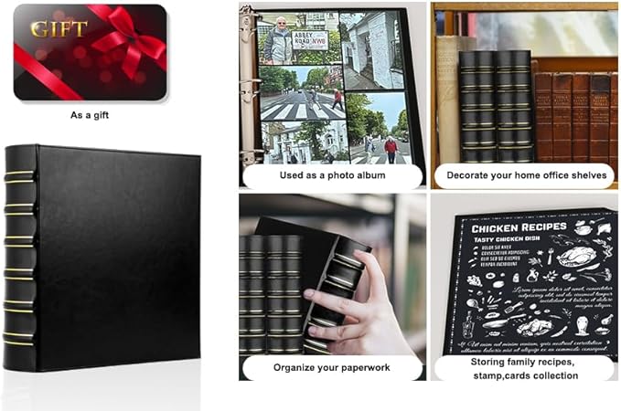 LETVPVOW Vintage Hardback 3 Ring Binder 2 Inch, Professional Leather Binders 2 Inch D Ring, Holds 400 Sheets Capacity - Black