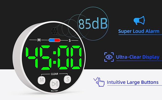 Large LED Digital Timer, Magnetic Countdown Loud Timer for Kitchen Cooking, Classroom Whiteboard, Kids, Toddler, Game, Productivity, Focus, Work, Task, Office, Meeting – Small, Simple, Visual, Green