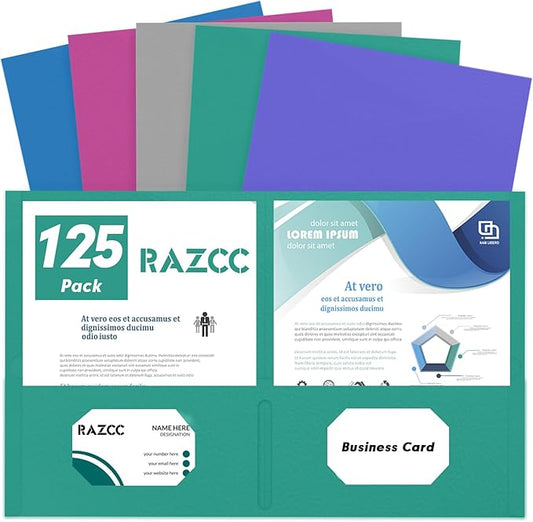 Two Pocket Folders, RAZCC 125 Pack 2 Pocket Folders Fit Letter Size Paper, Paper Folders with Pockets for School Office Business Home (Assorted 5 Colors)