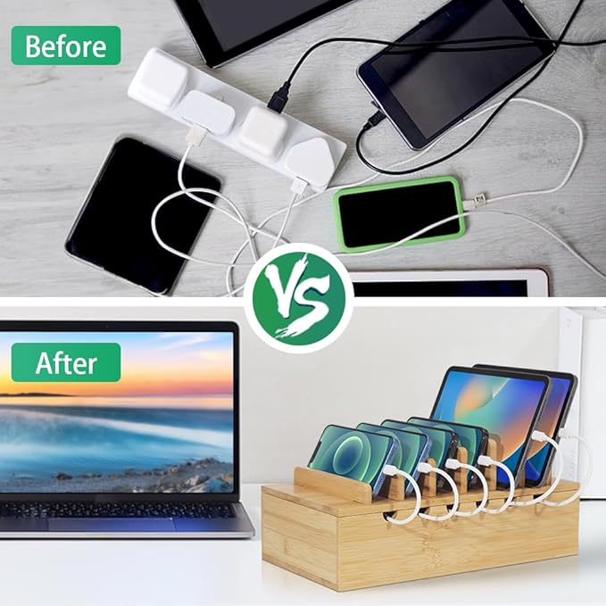 LEOKKARR Bamboo Charging Station for Multiple Devices, Desk Docking Stations Organizer Compatible with iPhone Devices, Wood Charging Cell Phone Holder Stand (Includes 6 Cables) (NO Power Supply)