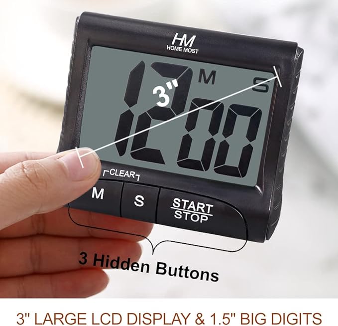 HOME MOST 3" Large Display Kitchen Timer - Digital Timer Magnetic Back Loud Alarm On A Rope- Black Cooking Timers For Kitchen Teachers Students Games Kids Meetings -Sports Timers For Workouts Exercise
