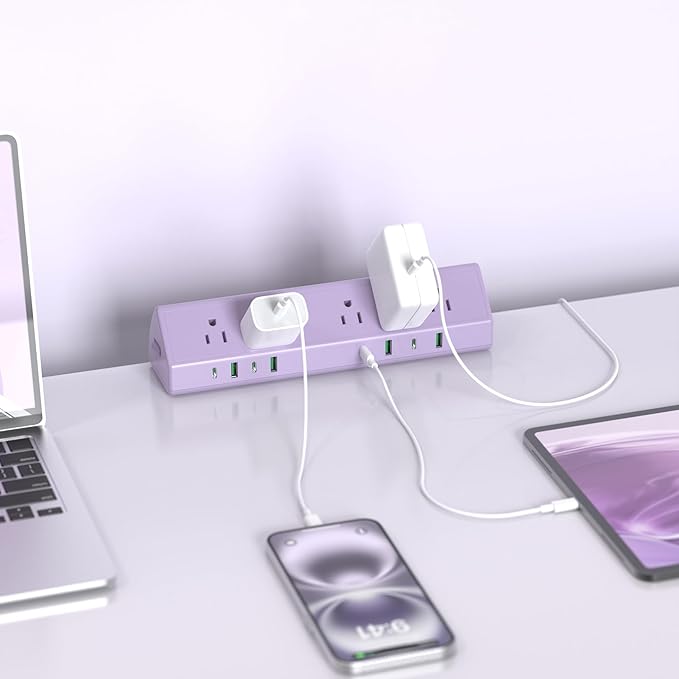 Jgstkcity Desk Clamp Power Strip,45W Fast Charging Station,4 USB-C,4 USB-A,1200J Surge Protector,ETL Listed,1875W Extension Cord,Multiple Outlets for Home, Office (Purple, 10 FT Cable)
