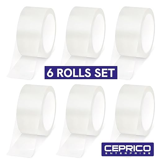 CEPRICO ENTERPRISE Premium Transparent Packing Clear Strong Adhesive Multi-Purpose Tape for Moving, Shipping, and Industrial Use - 6 Rolls of Invisible Tape Fits 2” Dispenser - 1.89 Inch X 109.4 Yard