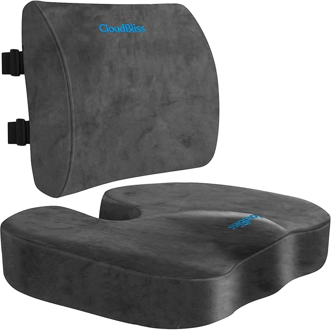 CloudBliss Seat Cushion,Office Chair Cushion,Car Seat Cushion,Lumbar Support Pillow for Office Chair,Back Support Memory Foam Pillow Coccyx Cushion for Tailbone Pain&Sciatica Pain Relief,Grey,X-Large