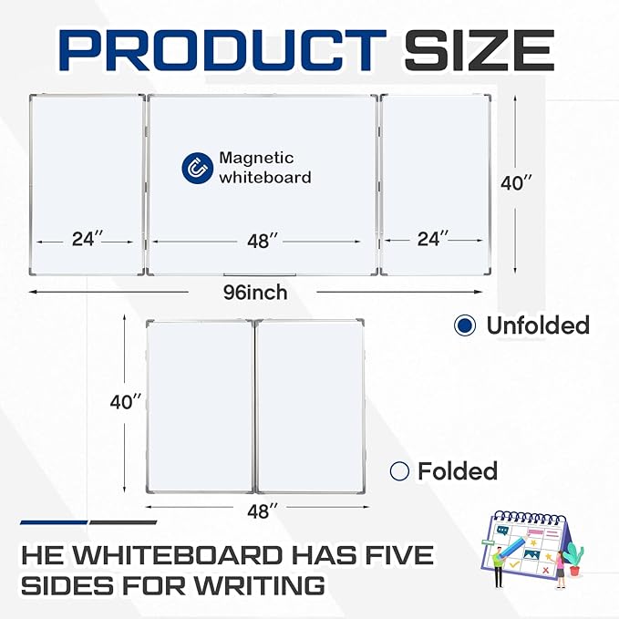 96” x 40 ” Foldable Whiteboard Dry Erase Board Large Tri Folding Whiteboard Magnetic Dry Erase Board, Wall Aluminium Frame and Flip Out Pen Tray for Office, Home