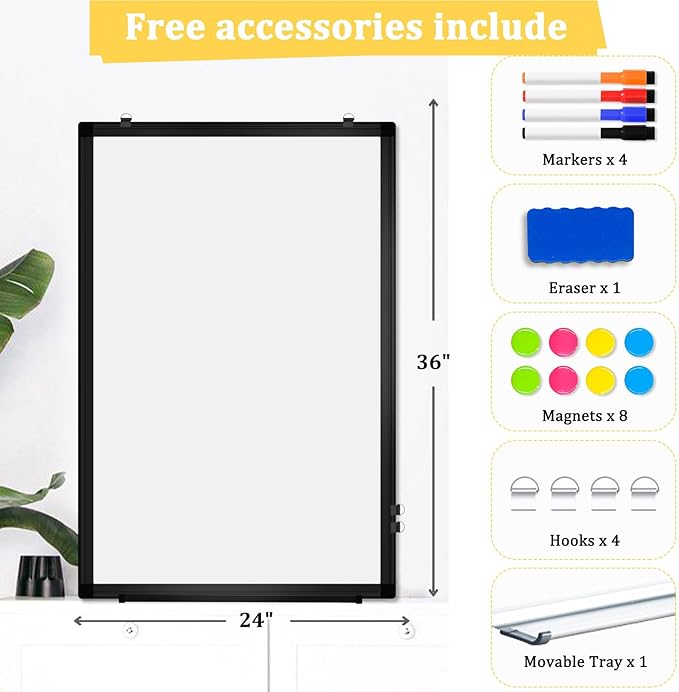 AMUSIGHT Double-Sided Magnetic Whiteboard, 36" x 24" Dry Erase Board Black Aluminum Frame for Wall, White Board Dry Erase Marker Board for Kitchen, Memo, School, Home, Office