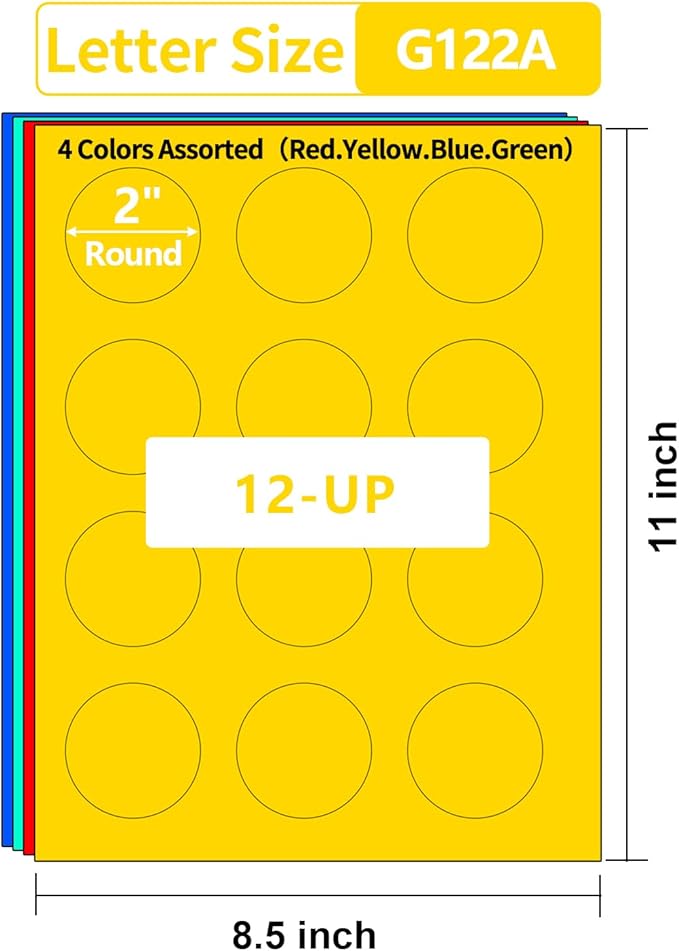 Gemsroyal 2 Inch Colored Round Labels Printable,2" Color Coding Labels for Printer,2 Colorful Custom Round Stickers,4 Colors Assorted(Red,Yellow,Blue,Green),240 Neon Circle Labels in Total
