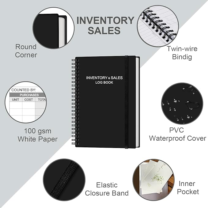 Inventory & Sales Log Book for Small Business – Inventory Ledger Book, Inventory Notebook, Order Tracker for Purchases, Sales & Reorders, 5.8" x 8.5", Black