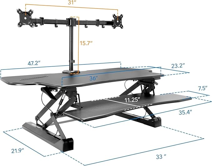 Mount-It! Standing Desk Converter Height Adjustable 47" Extra Large Wide Stand Up Desk Riser, Dual Monitor Arm Mounts, Stand Up Desk Convertor with Keyboard Tray, Fits Two Monitors up to 32"
