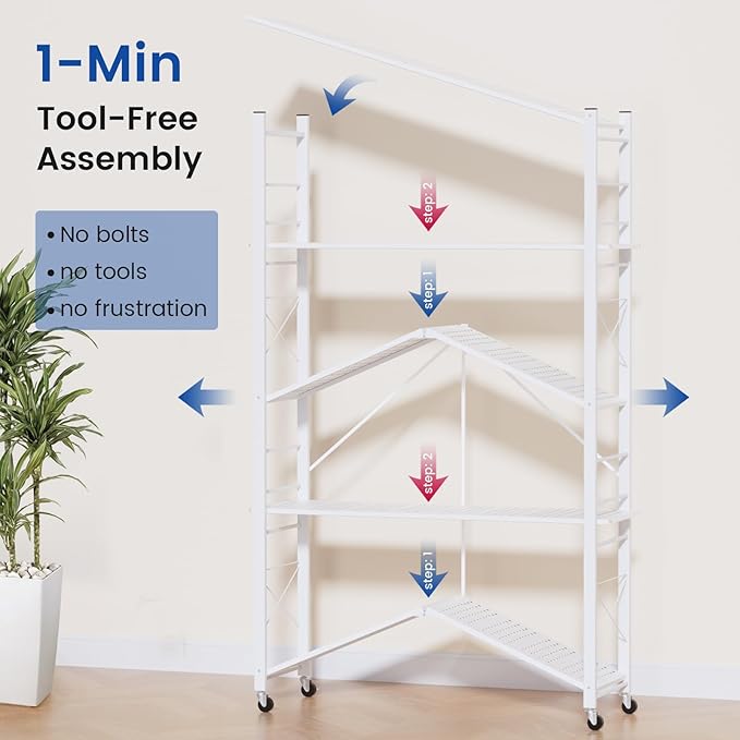 ALANNG 40" W Foldable 5-Tier Storage Shelves with Wheels, Adjustable & Removable Metal Rack, Heavy Duty Rolling Organizer for Kitchen, Garage, Closet, Pantry, and Office (White,4 Pack)