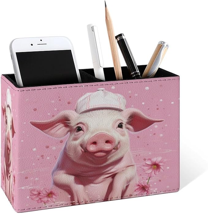 Famame Pig Pink with Hat Pencil Holder for Desk, Leather Desktop Container Pen Cup Storage Study Table Pen Organizer Makeup Brush Holder for Classroom Office Home