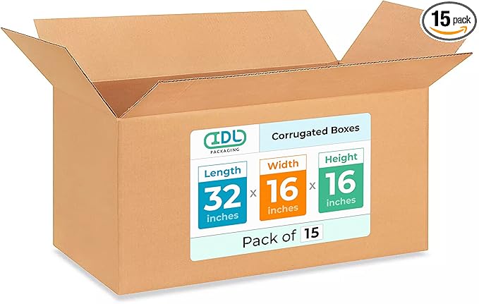 Extra Large Shipping & Moving Boxes 32"L x 16"W x 16"H (15-Pack) - Extra Strength 200 lb vs Regular - Corrugated Cardboard Boxes for UPS, FedEx - Cardboard Box Moving - Large Box by IDL Packaging