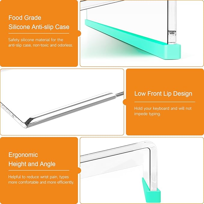 BEEGO Ergonomic Computer Keyboard Stand - Clear Acrylic Keyboard Riser Tilted Keyboard Holder Keyboard Tray with Teal Blue Non-Slip Strip for Easy Typing at Home School Office Desk Accessories
