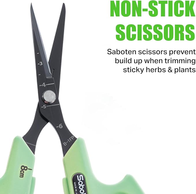 Saboten Fluorine Coated Straight Blade Trimming Scissors Green PT-1 160mm Precision Gardening Bonsai and Floral Shears Made in Japan