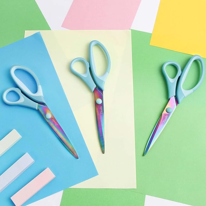 Zicolu 8.5" Scissors All Purpose, Multipurpose Office Scissors Set of 3 Pack, Titanium Coating Sharp Blade, Soft Comfort-Grip, Ideal for Fabric, School, Home, Craft & Sewing, Right/Left Handed, Blue