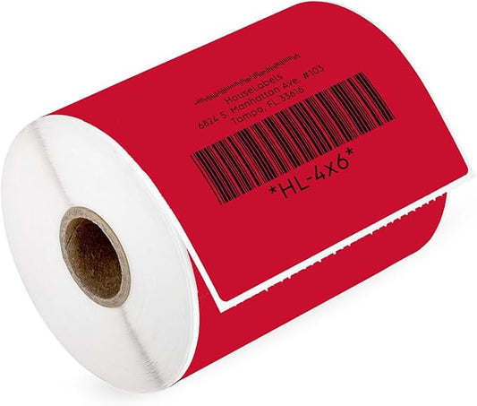 HOUSELABELS 4" x 6" Red Shipping Labels on 1" Core Compatible with Zebra and Rollo Printers, 1 Roll / 250 Labels per Roll