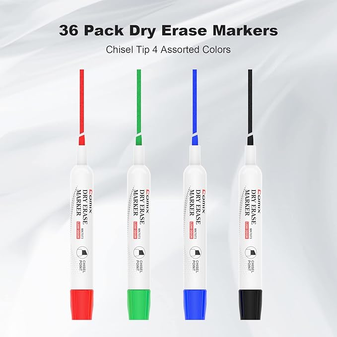 Comix Low Odor Dry Erase Markers, Chisel Tip White Board Markers, 36 Bulk 4 Colors Thick Markers for Classroom, Teachers, Office, School Supplies