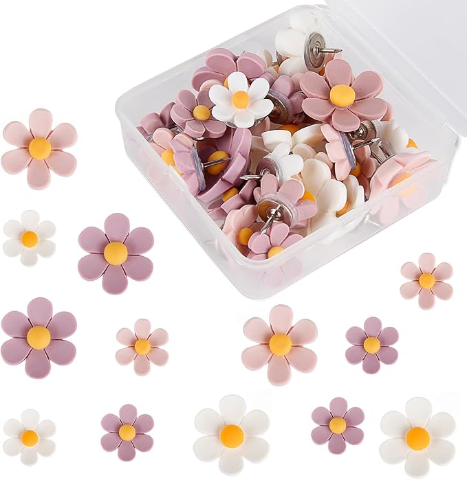 30pcs Decorative Flower Push Pins - Pink Thumb Tacks for Cork Board, Photo Wall, Feature Wall, Map, Bulletin Board, Office or Home