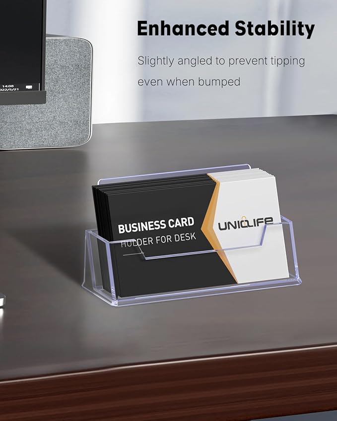 Uniclife 4 Pack Acrylic Business Card Holder for Desk 1 Slot Clear Business Card Display Stand for Men & Women Desktop Business Card Organizer Card Stand for Office Home Exhibition, 60 Card Capacity