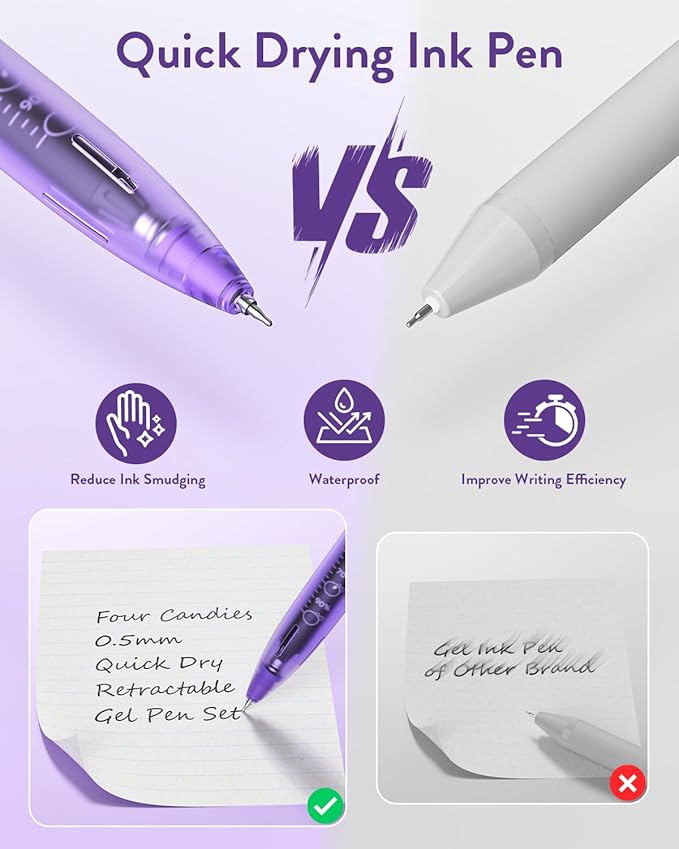 Four Candies 6Pack 0.5mm Black Ink Quick Dry Retractable Gel Pen Set, Cute Transparent Pastel Fine Point Note Taking Aesthetic lnk Pens, Comfort Grip Drawing Writing School Office Home