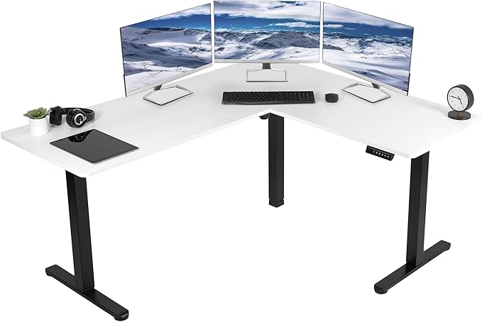 VIVO Electric Corner 63 x 55 inch L-Shaped Standing Desk, Memory Height Adjustment, White Top Black Frame, DESK-E3CTBW