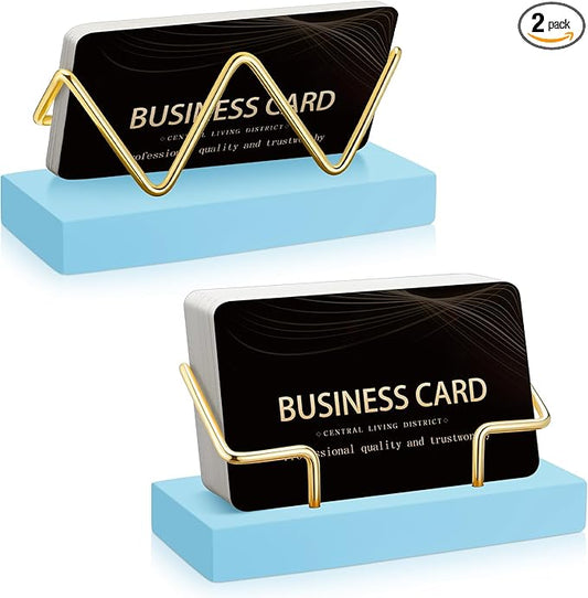 Amyhill 2 Pieces Wood Business Card Holder for Desk Wooden Business Card Display Stand Postcard Holder for Office Home Desktop (Blue Color, Gold)