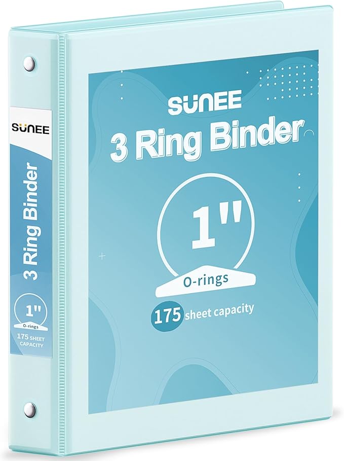 SUNEE 3 Ring Binder 1 Inch 1 Pack, Clear View Binder Three Ring PVC-Free (Fit 8.5x11 Inches) for School or Office Supplies, Pastel Blue