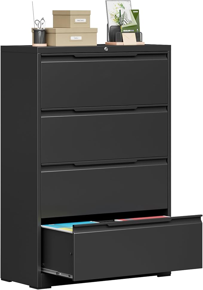 Bestoo 4-Drawer File Cabinet with Lock, Metal Filing Cabinet for Home Office, Lateral Filing Storage Cabinets, Fits File Folders, Letter/Legal/F4/A4 Sizes, Assembly Required (Black)