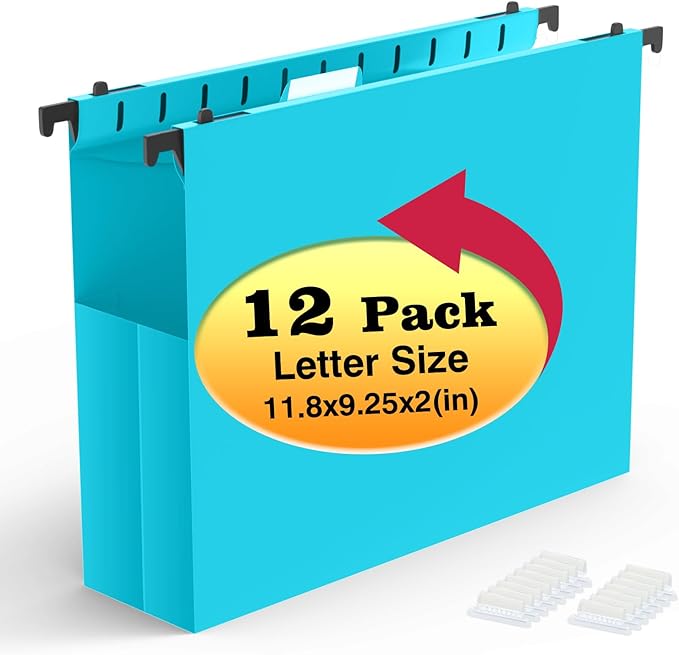 Shutex Extra Capacity Plastic Hanging File Folders,12 Pack Reinforced Expanding Hang Folder Letter Size,Accordian Pocket,Heavy Duty 2 Inch Expansion, Hard Hanging Folder Organizer for Office Home,Blue