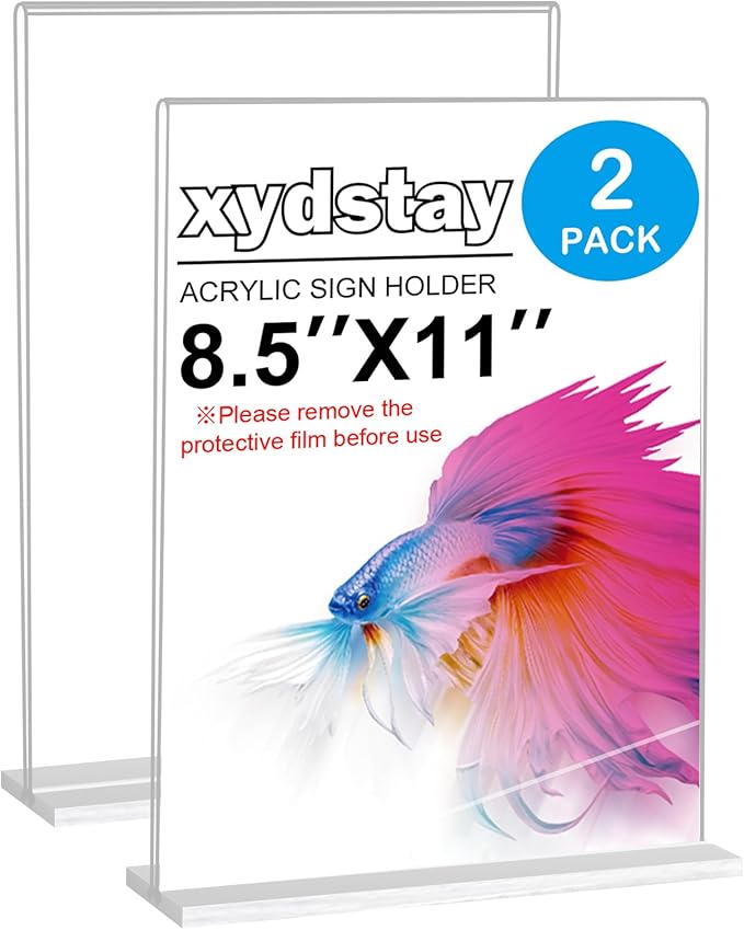 xydstay 8.5 x 11 Acrylic Sign Holder 2 Pack, Vertical T Shape Clear Plastic Menu Holder, Unbreakable Table Sign Holder for Restaurant, Office, School, Store and Home Use