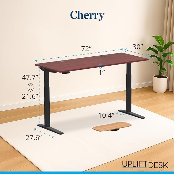 UPLIFTDESK V3 2-Leg Cherry Laminate Wood Standing Desk – Adjustable Height, Advanced 1-Touch Memory Keypad, Under Desk Cable Management, Wire Grommets & Rocker Board (Black C-Frame, 72 x 30 inch)