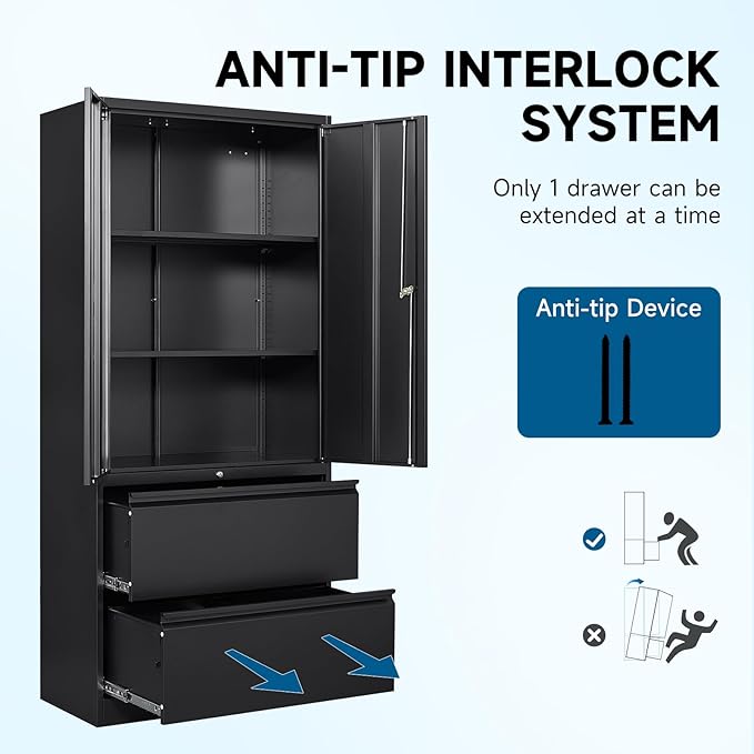 PEUKC 2-Drawer Metal File Cabinet, Lateral Vertical Filing Cabinets for Home Office, Locking File Cabinet with Storage Shelves, Legal/Letter/A4 Size Office File Cabinets (Black, Assemble Required)