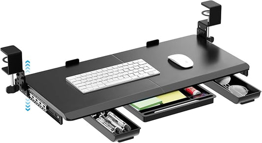 OUKMIC Large Height Adjustable Keyboard Tray with Sturdy C-Clamp Mount and Storage Drawer, 27"(31" Including Clamps) x 12" Slide Out Ergonomic Keyboard Trays for Home and Office, Black