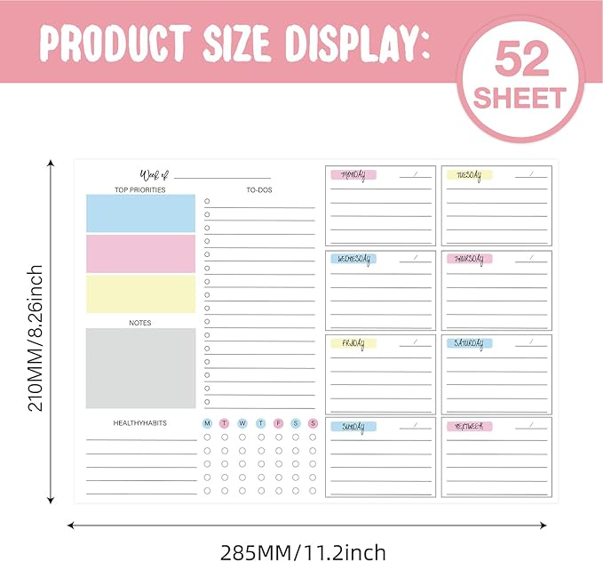JAMIEKA 52Color Weekly Tearable Planners Pad for Efficient Time Management Goal Tracking On Paper Schedule Notepad for Student