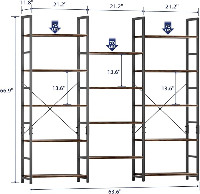 NUMENN Triple Wide 5 Tier Bookshelf, Rustic Industrial Style Bookcases with 14 Open Display Shelves, Modern Tall Bookcase Furniture for Bedroom, Living Room and Home Office, Vintage