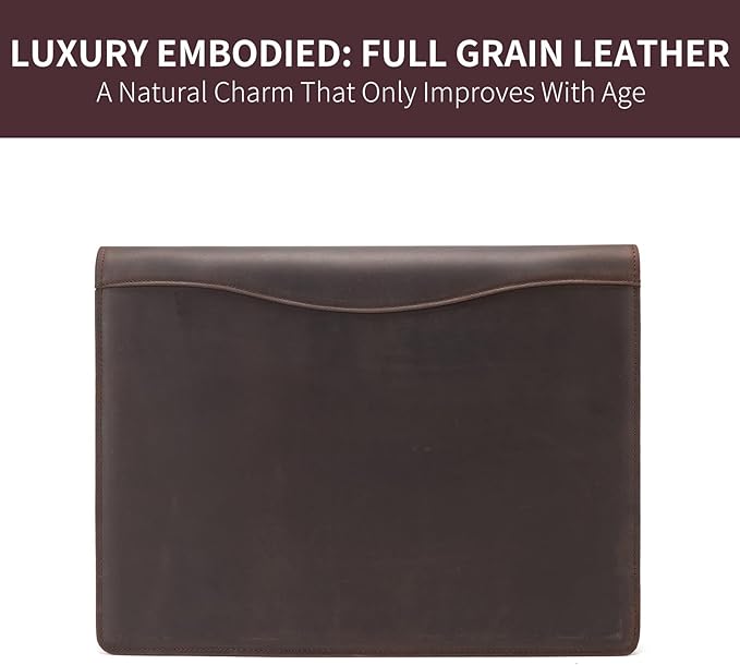 Geslun Personalized Genuine Leather 3 Ring Binder, Custom Engraved 8.5 x 11 Letter Size Folio with Pen Holder, Soft Notebook Portfolio Cover, Notepad Padfolio Organizer for Meeting, Dark Brown