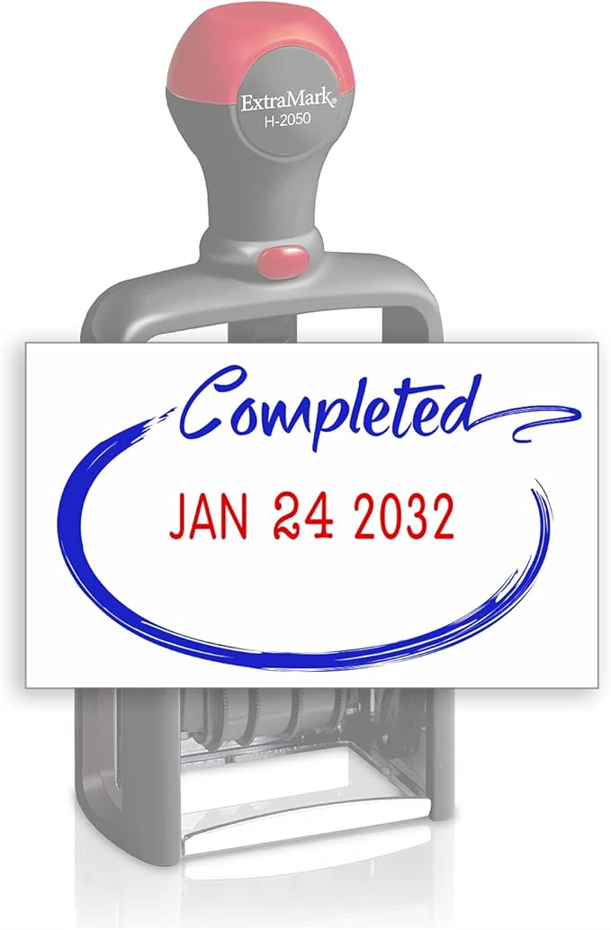 Heavy Duty Style Office Date Stamp with Completed - Self Inking Dater - Style C - Blue & Red Ink Color