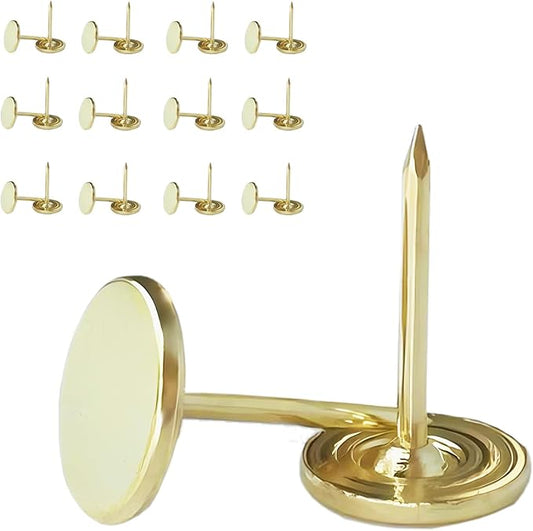 Galdexi 100pcs Flat Head Thumb Tacks for Wall, 7/16 Inch Heavy Duty Upholstery Tacks Nails, Decorative Long Push Pins for Office Home Furniture Decor Wooden Photo, Gold