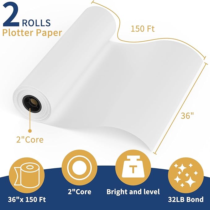 SJPACK Wide Format Paper Roll,36" x 150 ft Plotter Paper with 2 Inch Core for CAD and Inkjet Printing Premium Bond Papers for Engineering Architectural and Maps（2 roll）