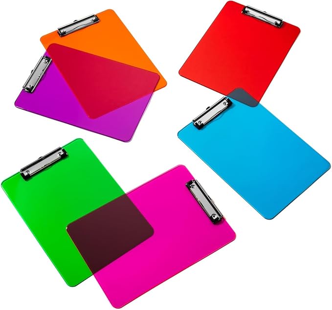 Plastic Clipboards with Low Profile Clip Set of 6-12.5 x 9 Inch Multi Color Plastic Clipboards Bulk - Clear Clip Boards Bulk Classroom Holds 100 Sheets, Acrylic Clipboard Clear 6 Pack