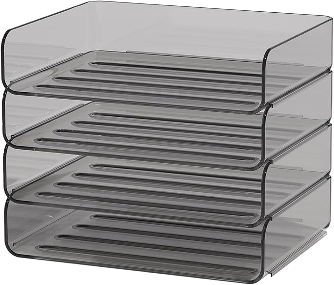 FANXIYQ 4-Tier Acrylic Paper Tray Organizer - Low-Profile Desk File Sorter for Office/Home, Brown Stackable Letter Tray for Bills, Crafts, Notebooks