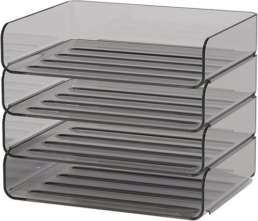 FANXIYQ 4-Tier Acrylic Paper Tray Organizer - Low-Profile Desk File Sorter for Office/Home, Brown Stackable Letter Tray for Bills, Crafts, Notebooks