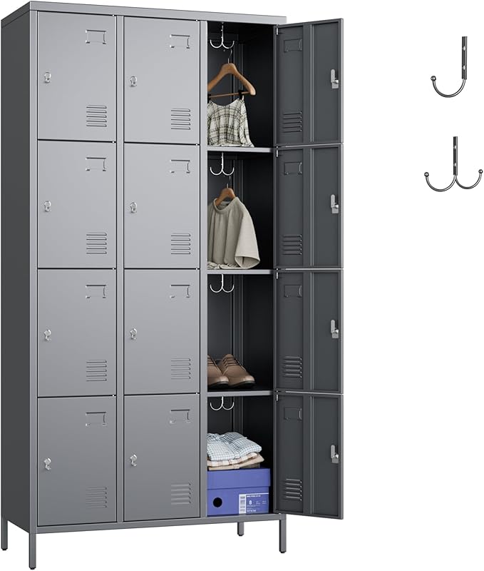 SUPEER Metal Lockers for Employees with 12 Door and 12 Hooks,Metal Storage Locker with Lock for School Office Gym Bedroom,Assembly Required,Dark Grey