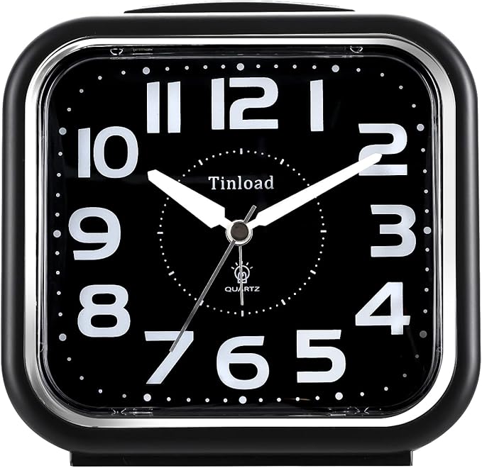 Tinload 5.5" Large Analog Alarm Clock Silent Non Ticking, Gentle Wake, Beep Sounds, Increasing Volume, Battery Operated Snooze and Manual Light, Easy Set, Black (Best for Elder)