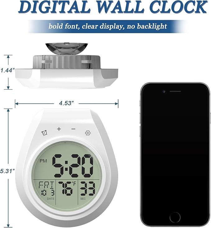 USAOSHOP Bathroom Clock Waterproof Shower Timer, Digital Wall Clock with Countdown, Temperature Display, Calendar, Suction Cup Hanging Hole, for Kids and Adults, White