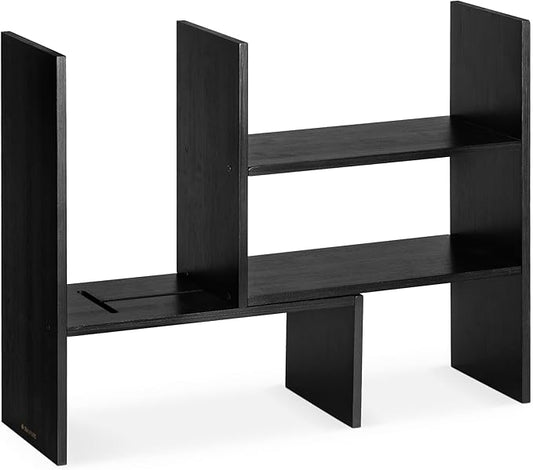 Navaris Desk Organizer Shelf Unit - Desktop Shelves for Table or Countertop - Free-Standing Adjustable Bamboo Shelving for Kitchen or Office - Black