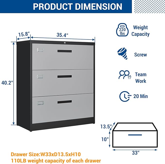 Fesbos 3 Drawer Lateral File Cabinet with Lock, Metal Steel Filling Cabinets for Home Office, Gray Lockable Storage Cabinet for Hanging Files Letter/Legal/F4/A4 Size-Assembly Required